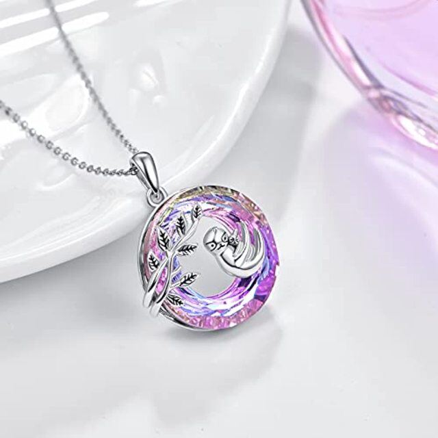 Collana con ciondolo di cristallo in argento sterling con bradipo e foglie-3