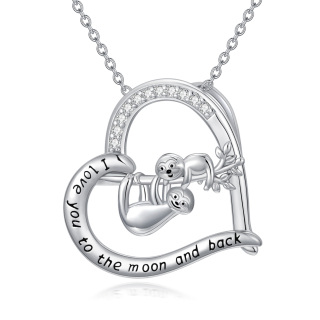 Sterling Silver Cubic Zirconia Sloth Mom & Baby Heart Pendant Necklace with Engraved Word-24