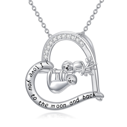 Sterling Silver Cubic Zirconia Sloth Mom & Baby Heart Pendant Necklace with Engraved Word