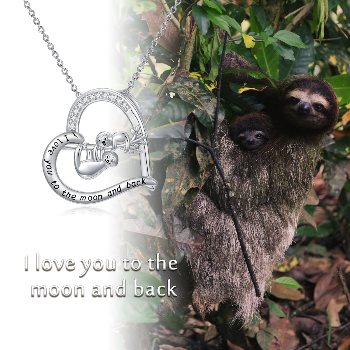 Sterling Silver Cubic Zirconia Sloth Mom & Baby Heart Pendant Necklace with Engraved Word-2