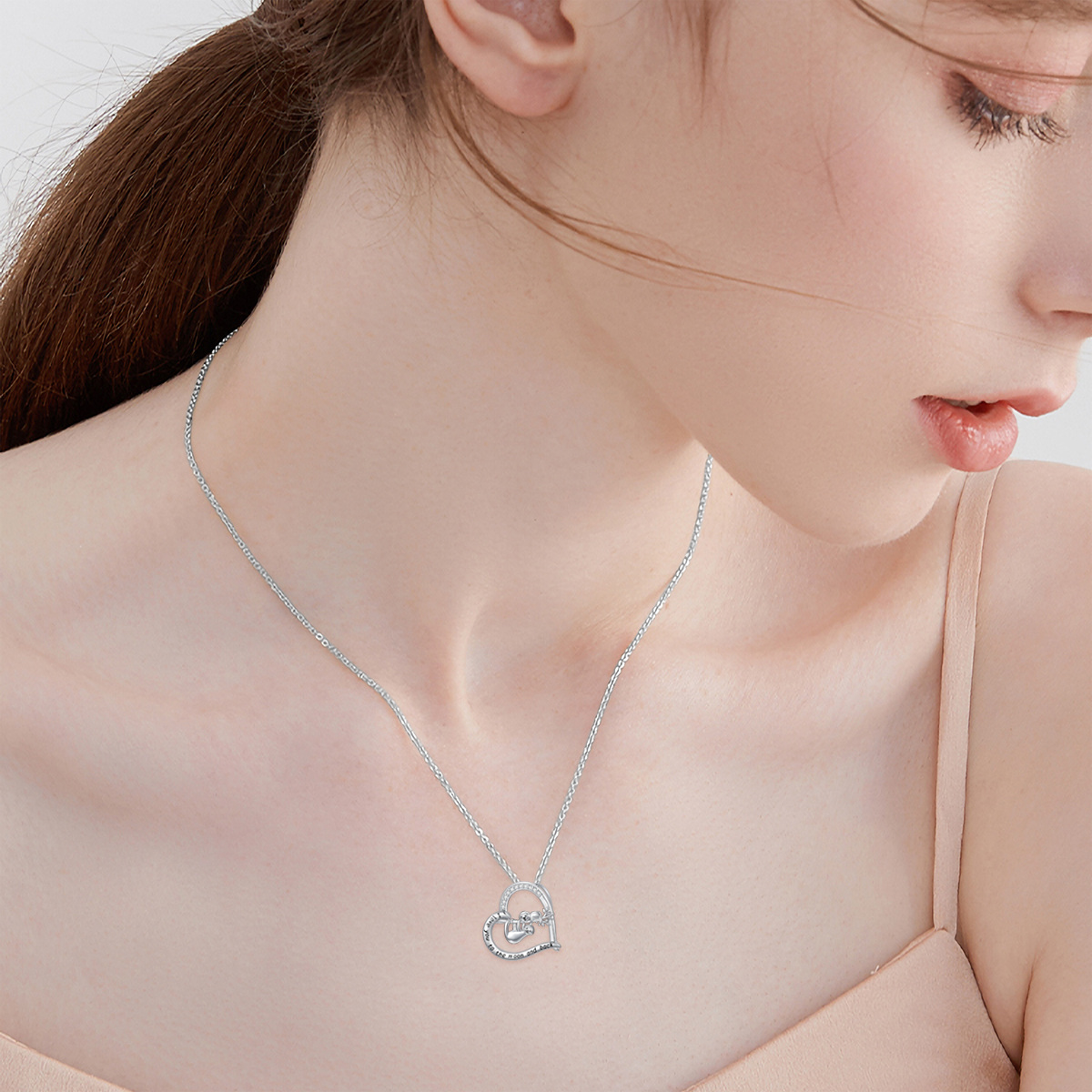 Sterling Silver Cubic Zirconia Sloth Mom & Baby Heart Pendant Necklace with Engraved Word-3