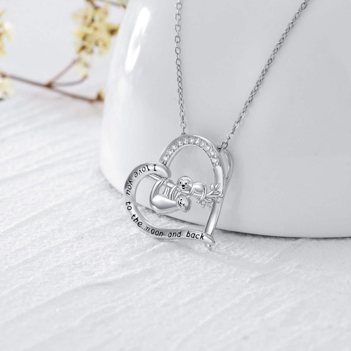 Sterling Silber Cubic Zirkonia Sloth Mom & Baby Herz Anhänger Halskette mit eingraviertem Wort-4