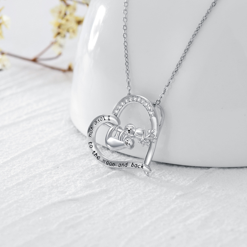 Sterling Silver Cubic Zirconia Sloth Mom & Baby Heart Pendant Necklace with Engraved Word-4