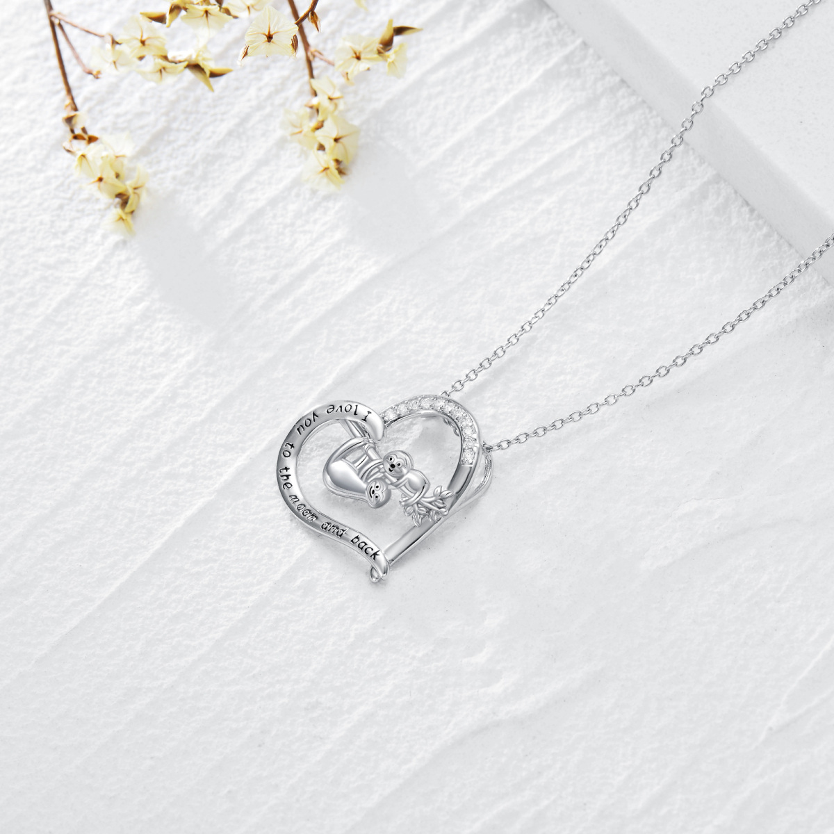 Sterling Silver Cubic Zirconia Sloth Mom & Baby Heart Pendant Necklace with Engraved Word-5