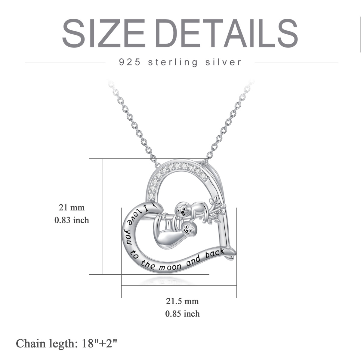 Sterling Silber Cubic Zirkonia Sloth Mom & Baby Herz Anhänger Halskette mit eingraviertem Wort-6