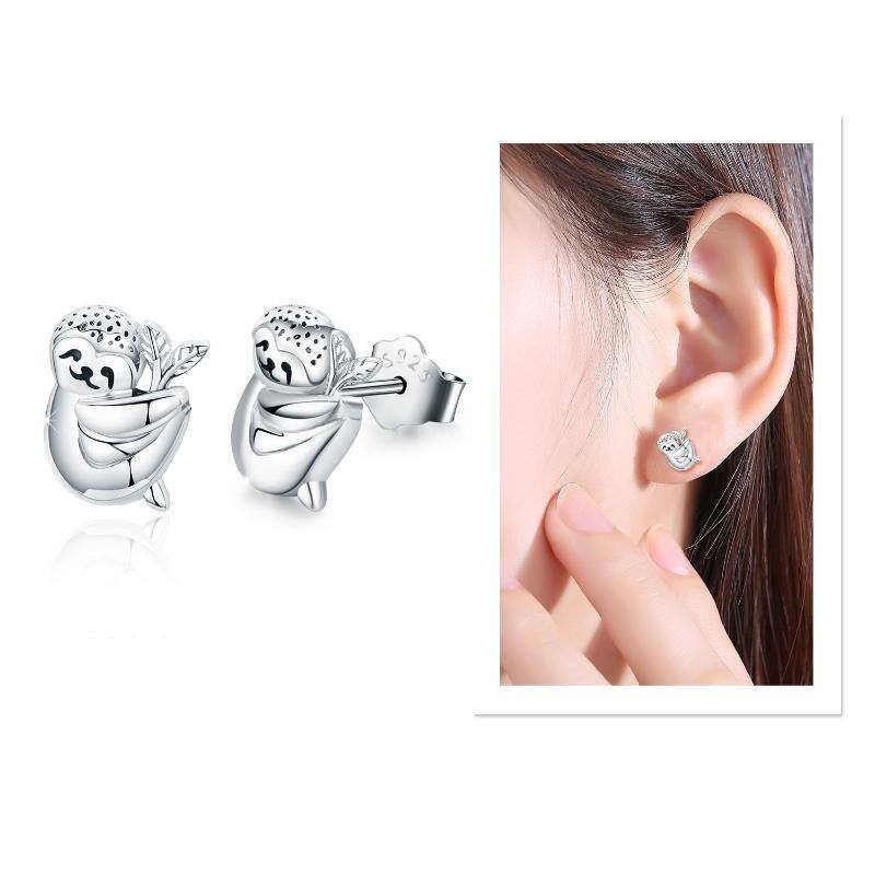 Sterling Silver Sloth Stud Earrings-3