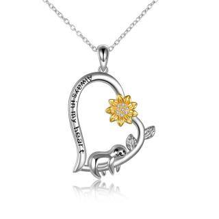 Sterling Silver Sloth & Sunflower Pendant Necklace with Engraved Word-47