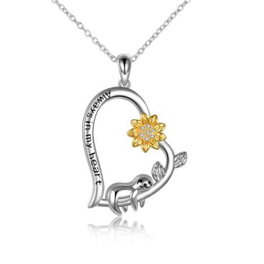 Sterling Silver Sloth & Sunflower Pendant Necklace with Engraved Word