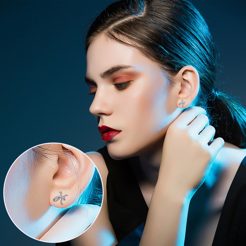 Sterling Silver Stud Earrings with Initial Letter H-4