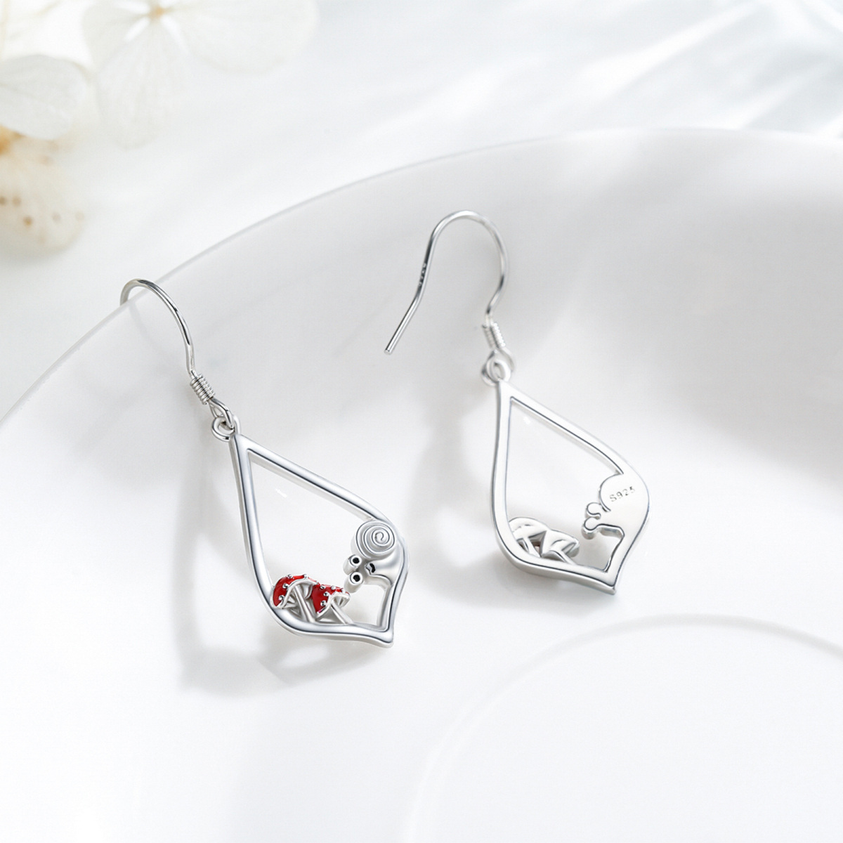 Sterling Silver Snail & Mushroom & Drop Shape Drop Earrings-4