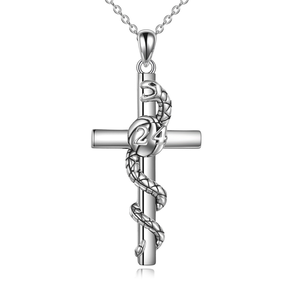Sterling Silver Snake With Basketball Cross Pendant Necklace With Engraved Word For Women-1