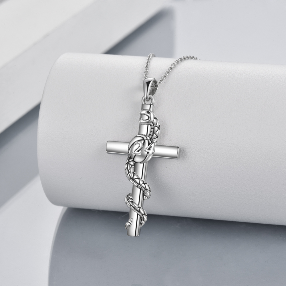 Sterling Silver Snake With Basketball Cross Pendant Necklace With Engraved Word For Women-2