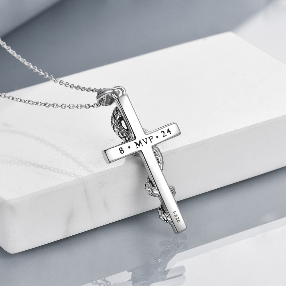 Sterling Silver Snake With Basketball Cross Pendant Necklace With Engraved Word For Women-3