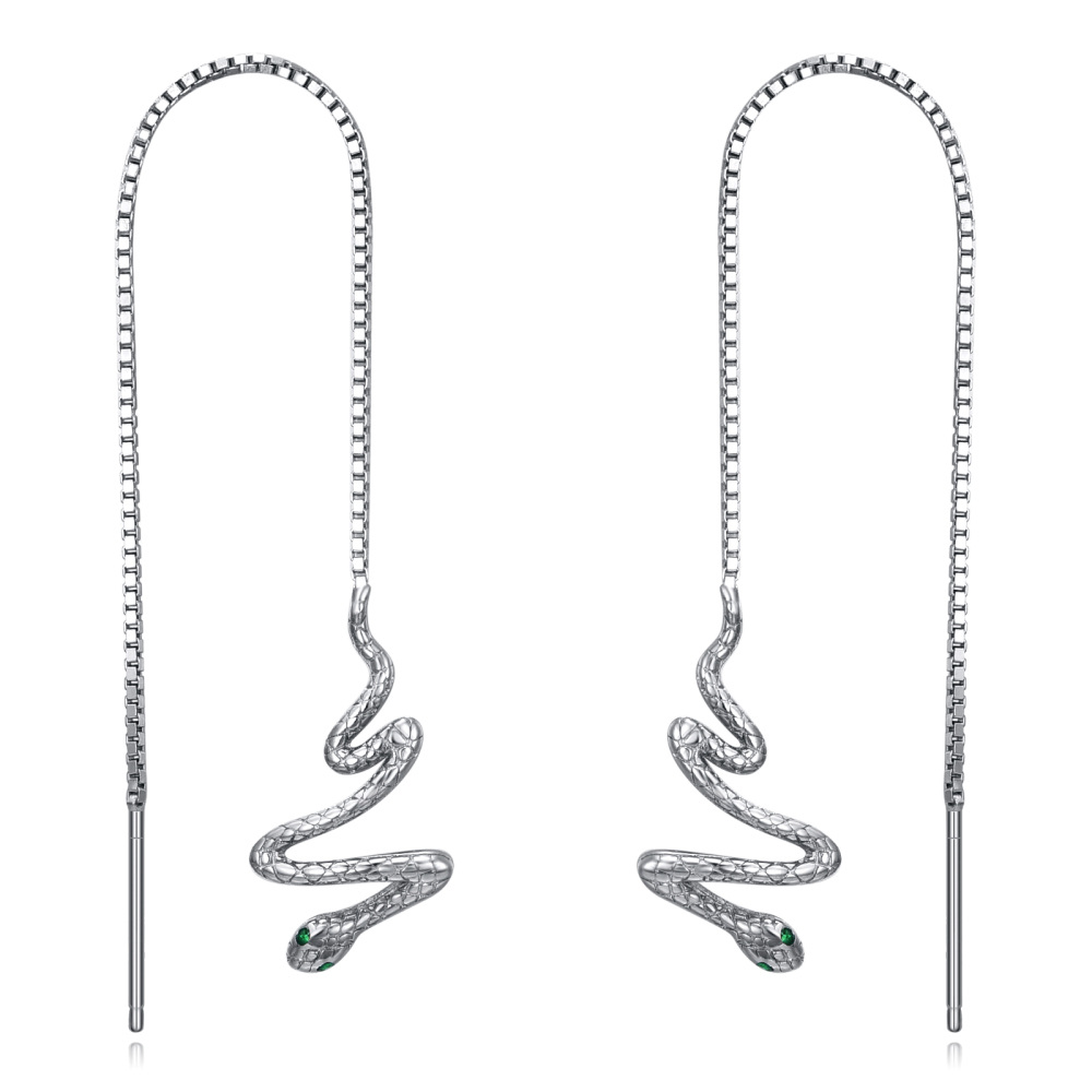 Sterling Silver Cubic Zirconia Snake Drop Earrings-1