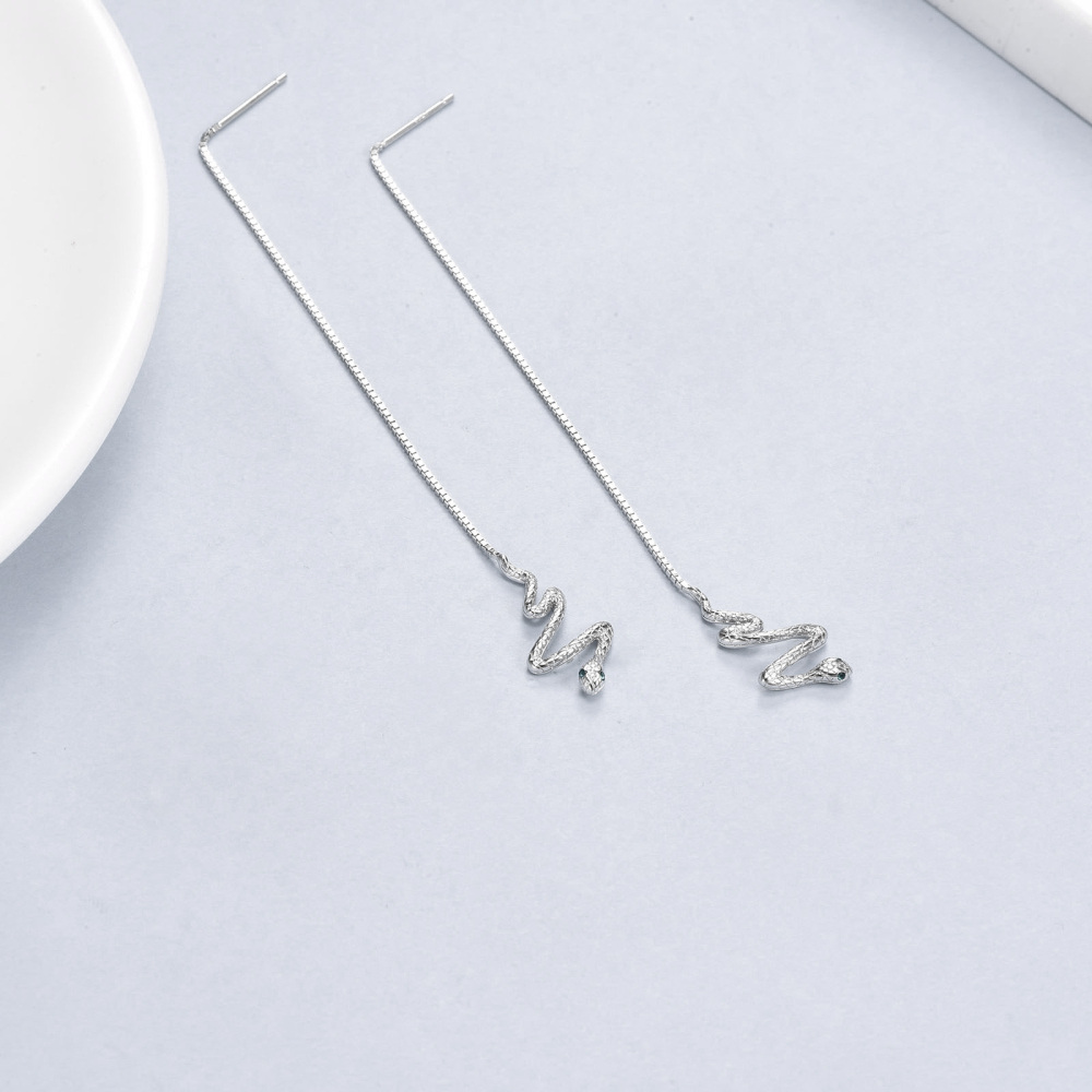 Sterling Silver Cubic Zirconia Snake Drop Earrings-4