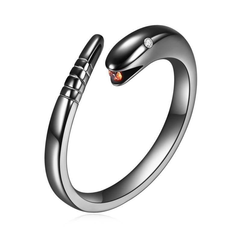 Bague ouverte serpent en argent sterling avec zircon rhodié noir-1