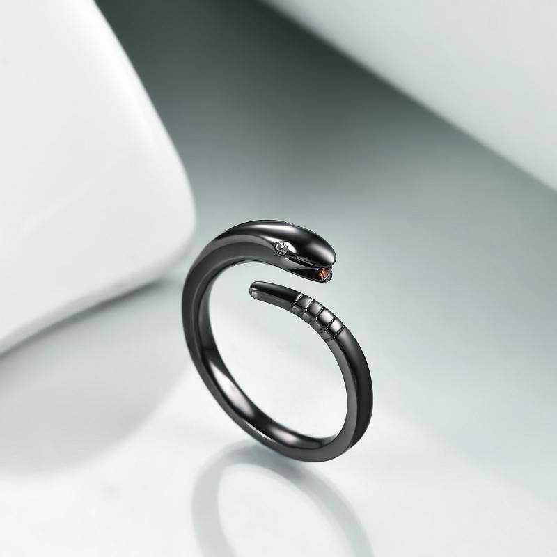 Bague ouverte serpent en argent sterling avec zircon rhodié noir-3