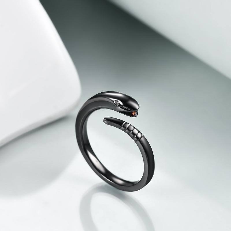 Sterling Silver with Black Rhodium Zircon Snake Open Ring-3