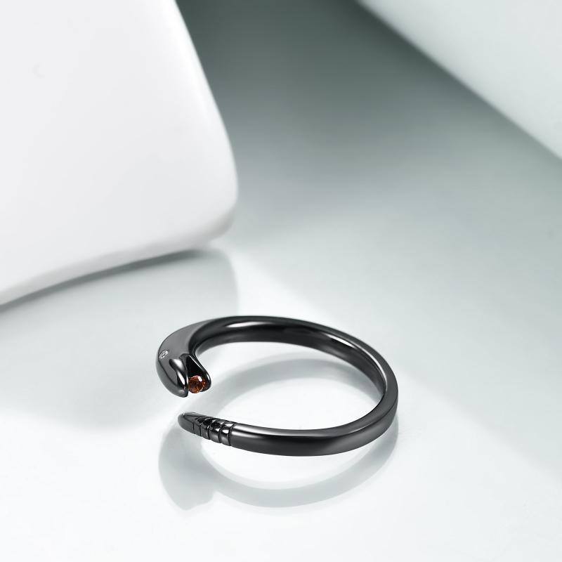 Sterling Silver with Black Rhodium Zircon Snake Open Ring-4