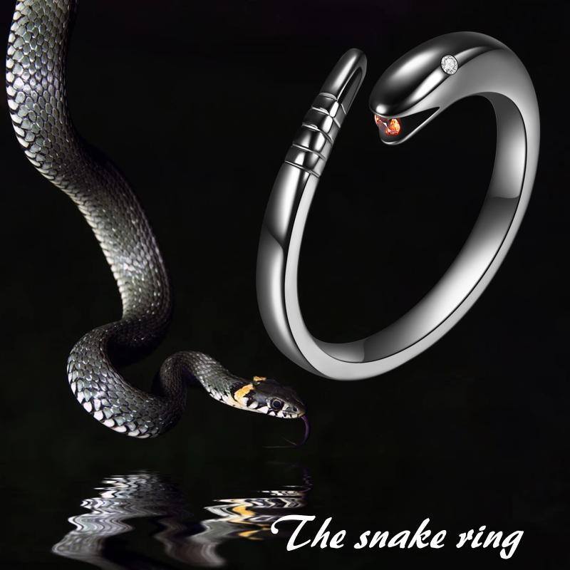 Sterling Silver with Black Rhodium Zircon Snake Open Ring-6