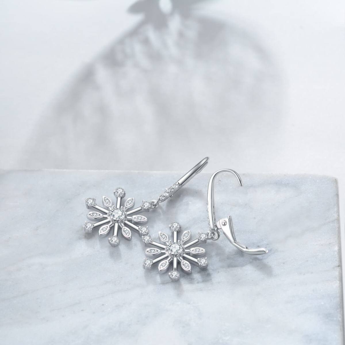 Sterling Silver Cubic Zirconia Snowflake Lever-back Earrings-3