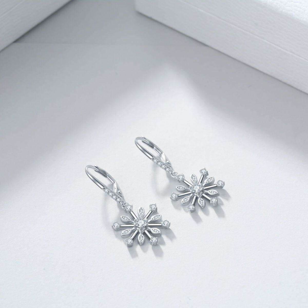 Sterling Silver Cubic Zirconia Snowflake Lever-back Earrings-4