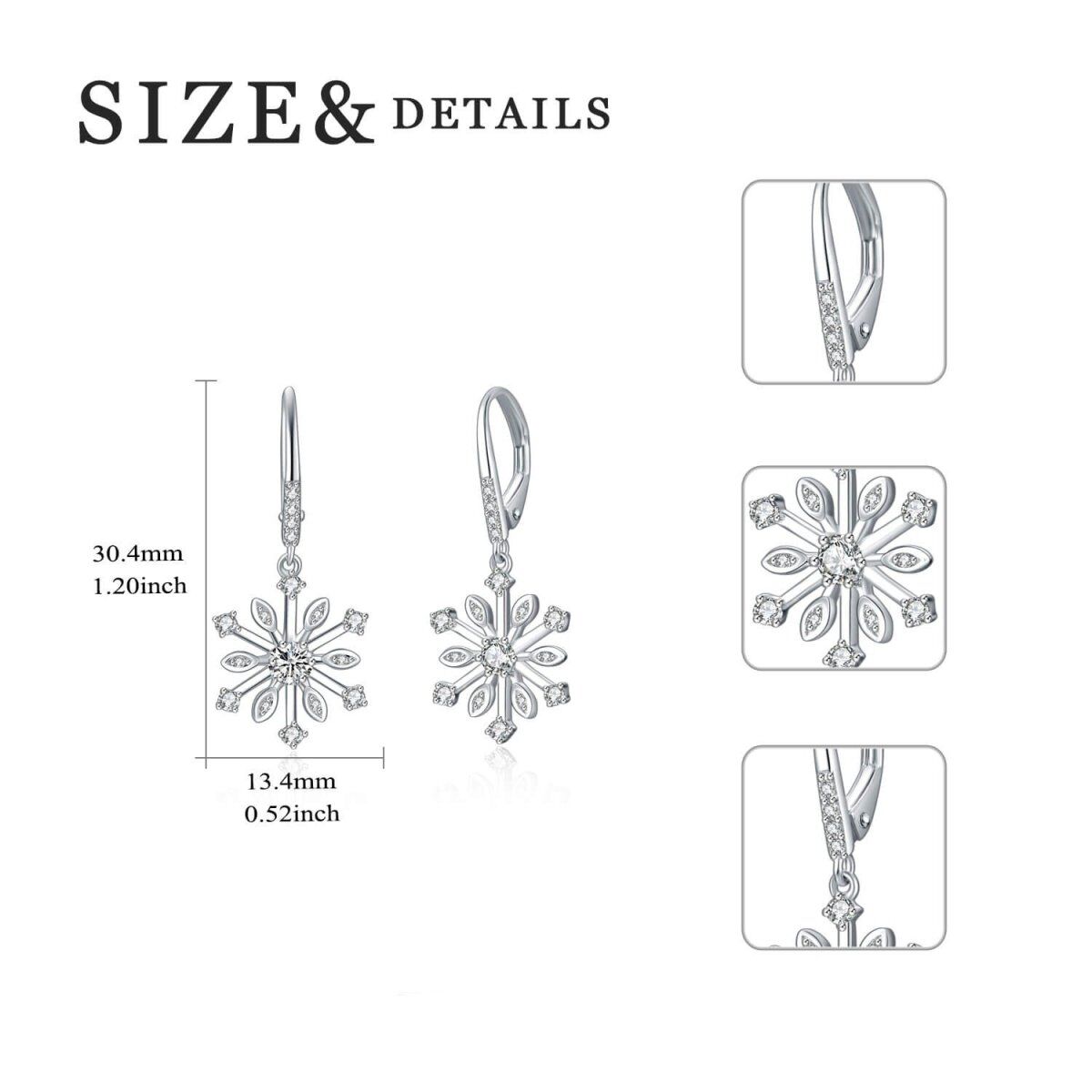 Sterling Silver Cubic Zirconia Snowflake Lever-back Earrings-5