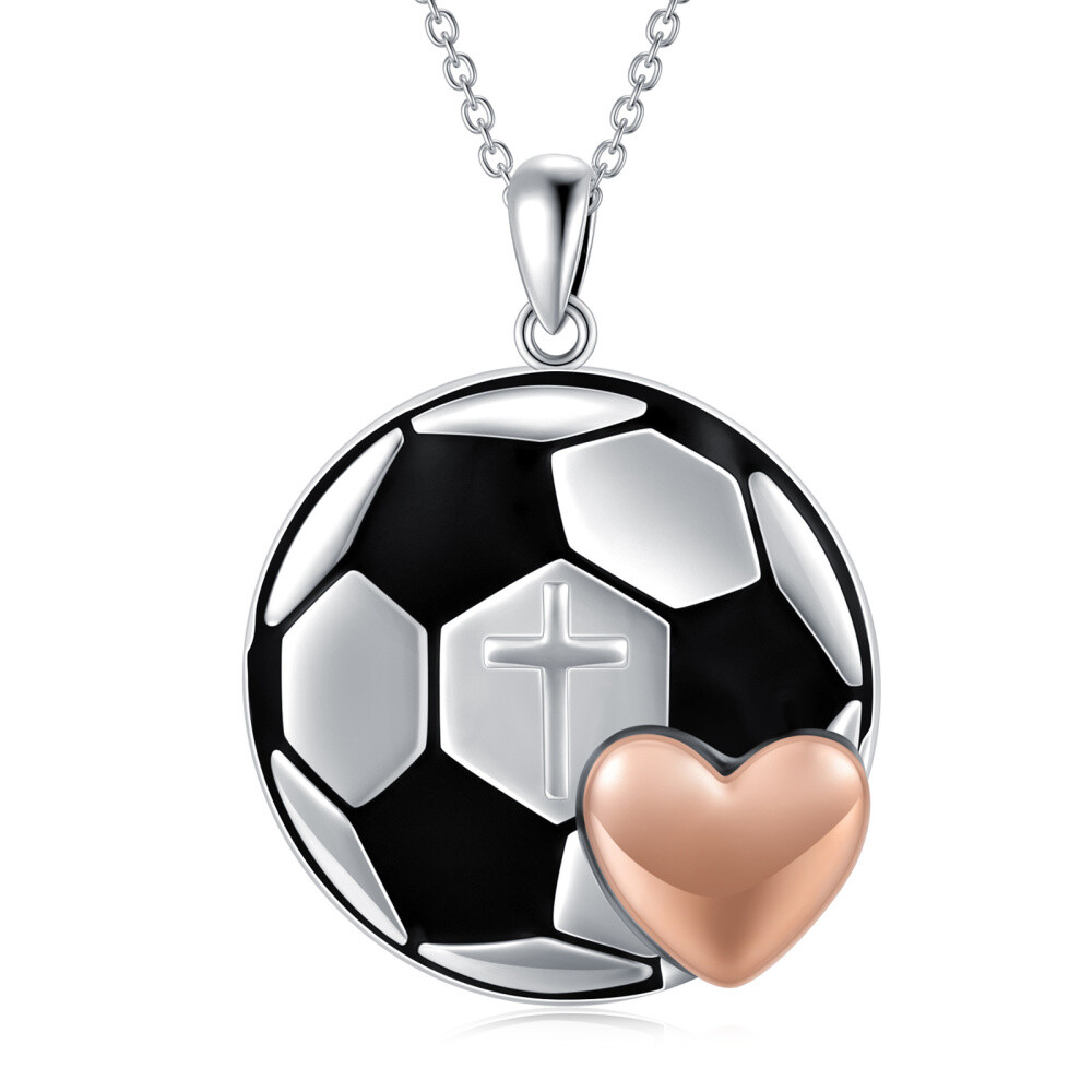 Sterling Silver Two-tone Basketball Cross & Heart Pendant Necklace with Engraved Word-1
