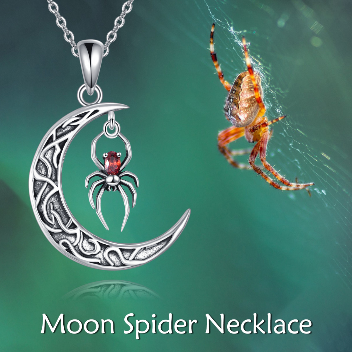 Sterling Silver Cubic Zirconia Spider & Moon Pendant Necklace-6