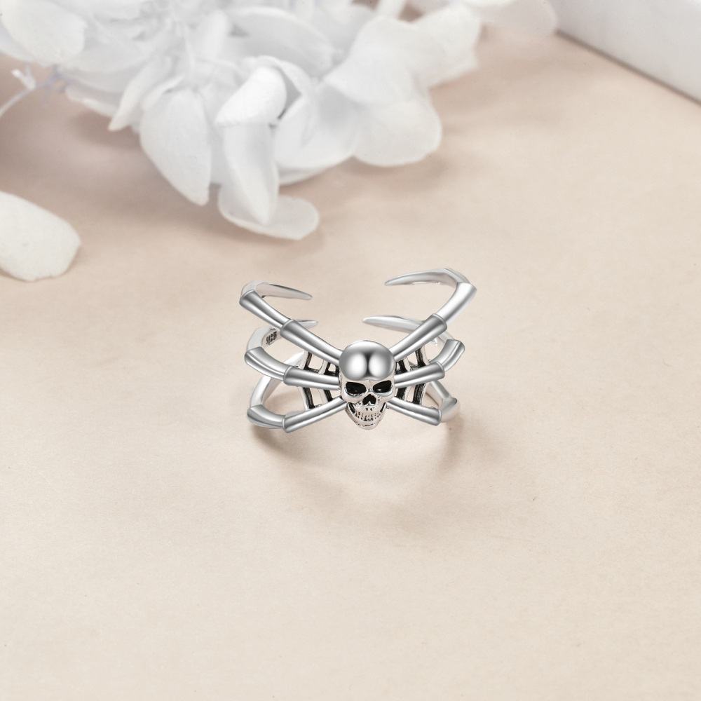 Sterling Silver Spider & Skull Open Ring-4