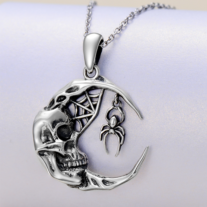 Sterling Silver Spider & Skull Pendant Necklace-3