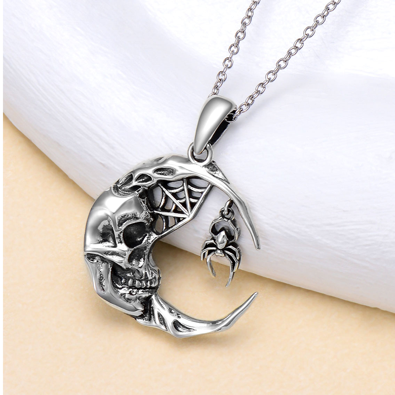 Sterling Silver Spider & Skull Pendant Necklace-4