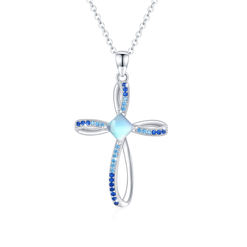 Sterling Silver Square Moonstone Cross & Celtic Knot Pendant Necklace-1