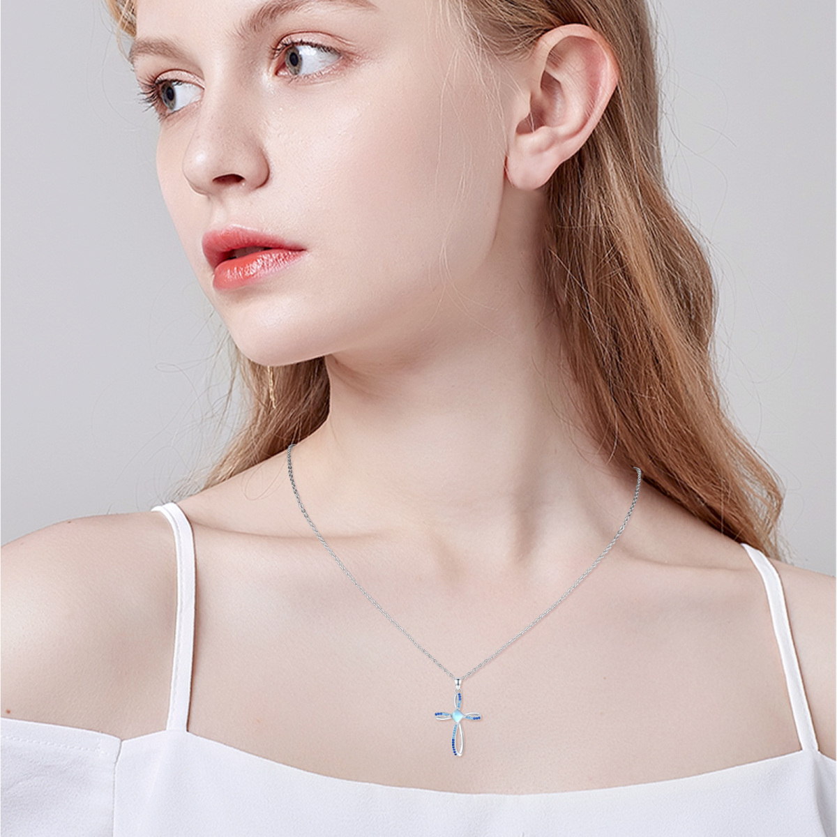 Sterling Silver Square Moonstone Cross & Celtic Knot Pendant Necklace-3