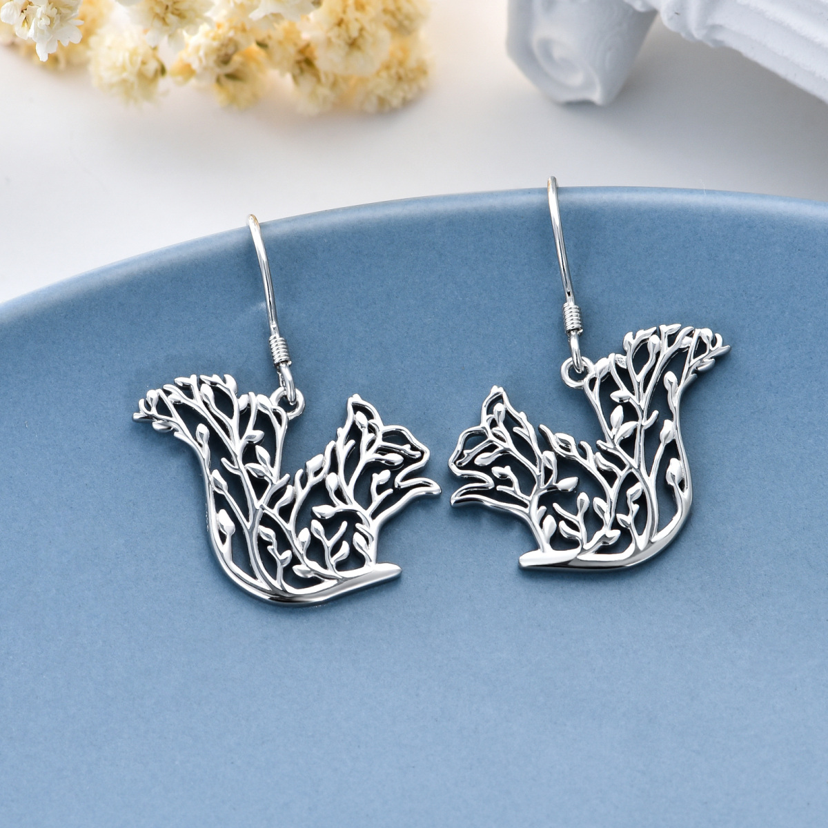 Sterling Silver Squirrel & Tree Of Life Drop Earrings-3