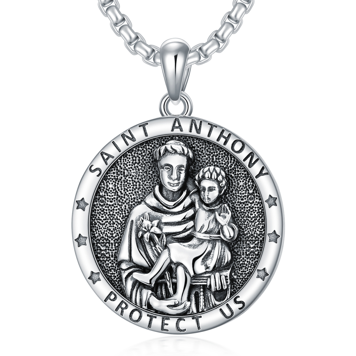 Collar con colgante de moneda de San Antonio de plata de ley con palabra grabada para hombre-1