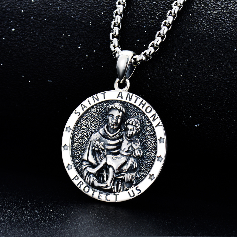 Collier avec pendentif en forme de pièce de monnaie de Saint-Antoine en argent sterling avec mot gravé pour homme-3