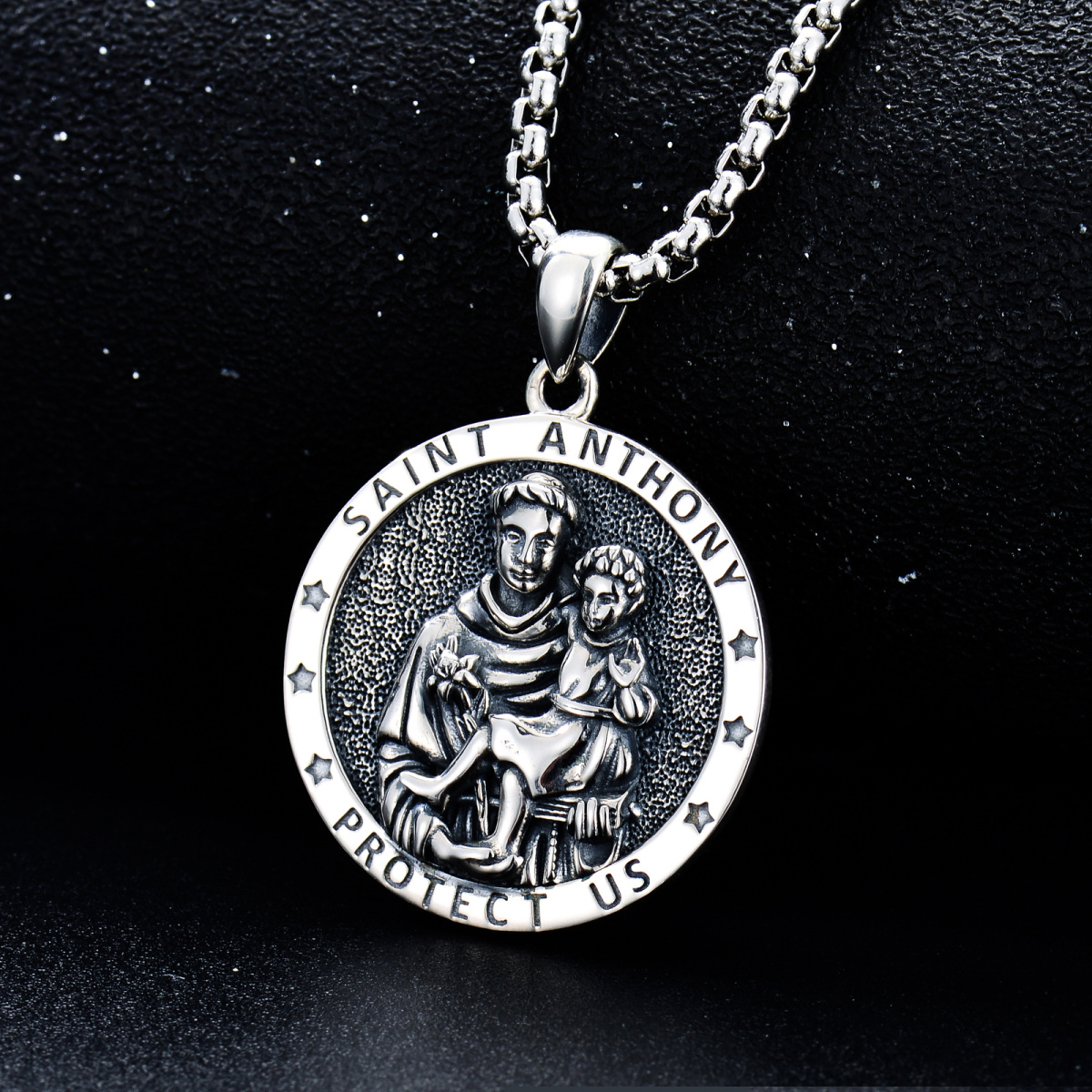 Collar con colgante de moneda de San Antonio de plata de ley con palabra grabada para hombre-3