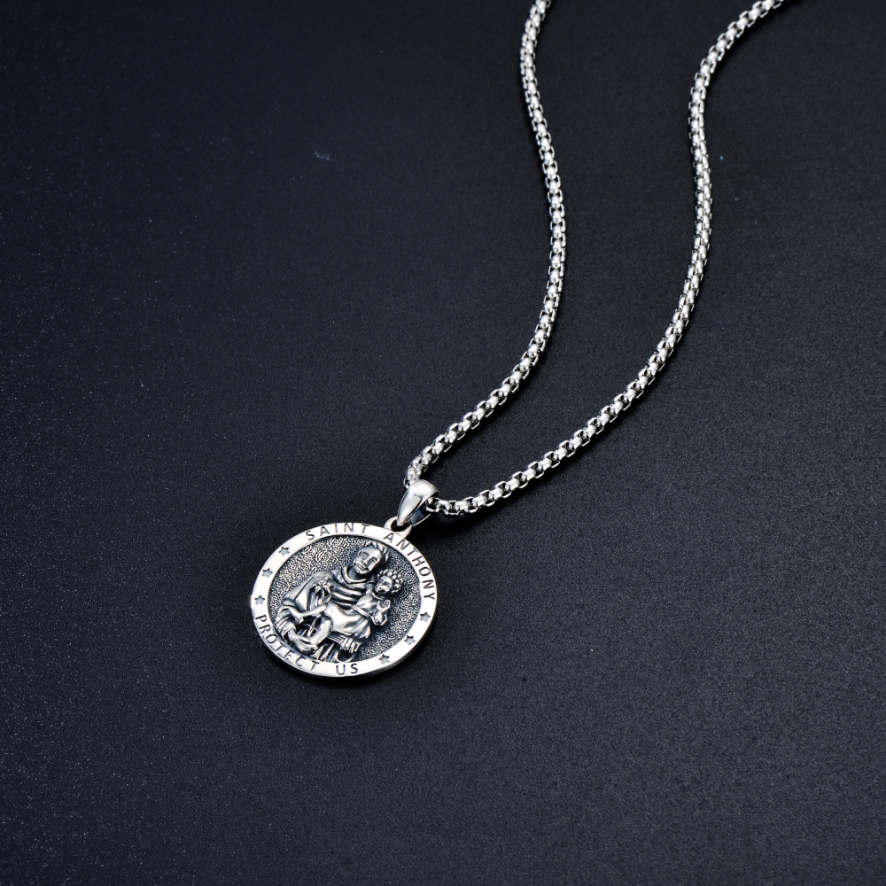 Collier avec pendentif en forme de pièce de monnaie de Saint-Antoine en argent sterling avec mot gravé pour homme-4