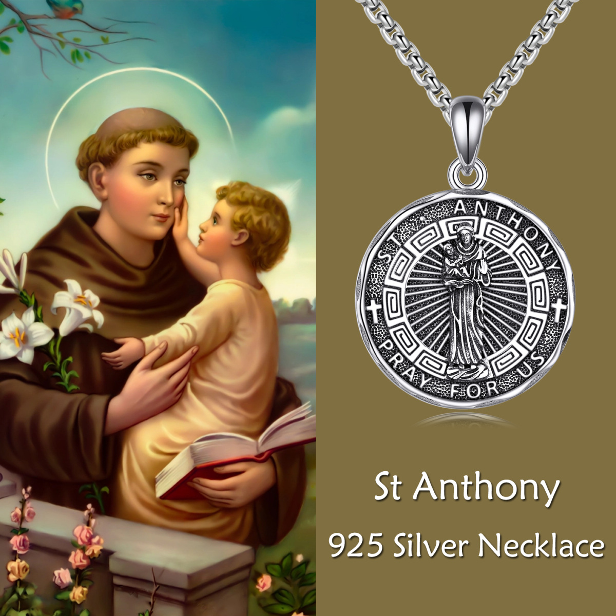 Sterling Silver St. Anthony Pendant Necklace for Men-6