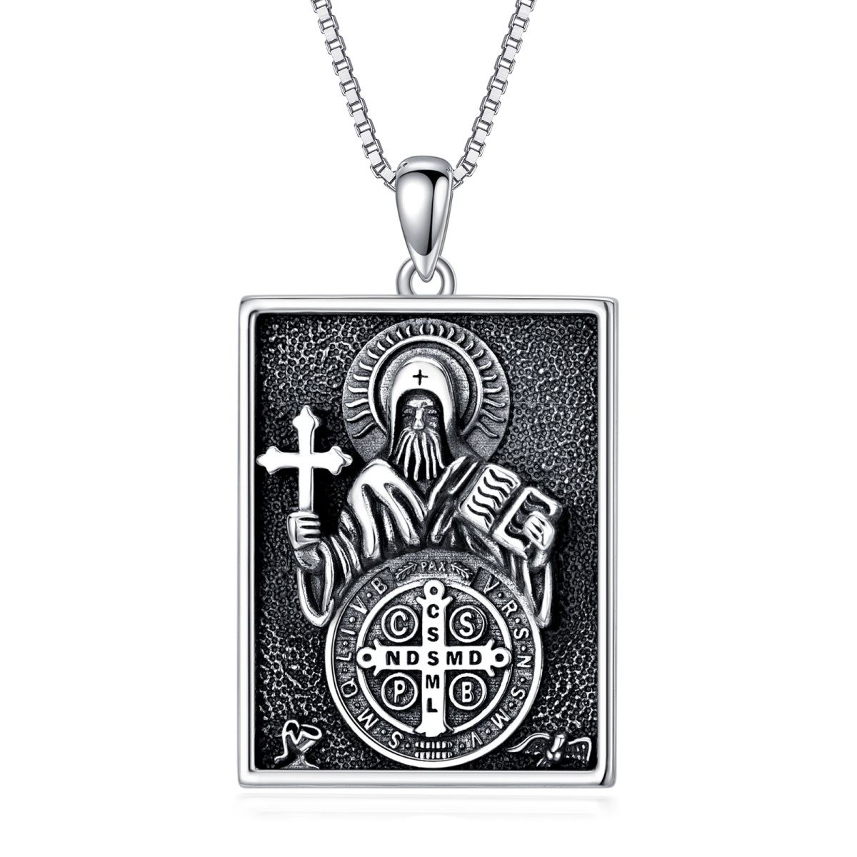 Collier en argent sterling pour hommes avec médaille de St Benoît-1