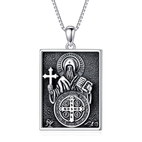 Sterling Silver St Benedict Medal Bar Necklace for Men