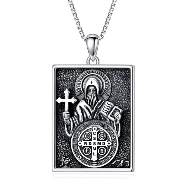 Sterling Silver St Benedict Medal Bar Necklace for Men-1