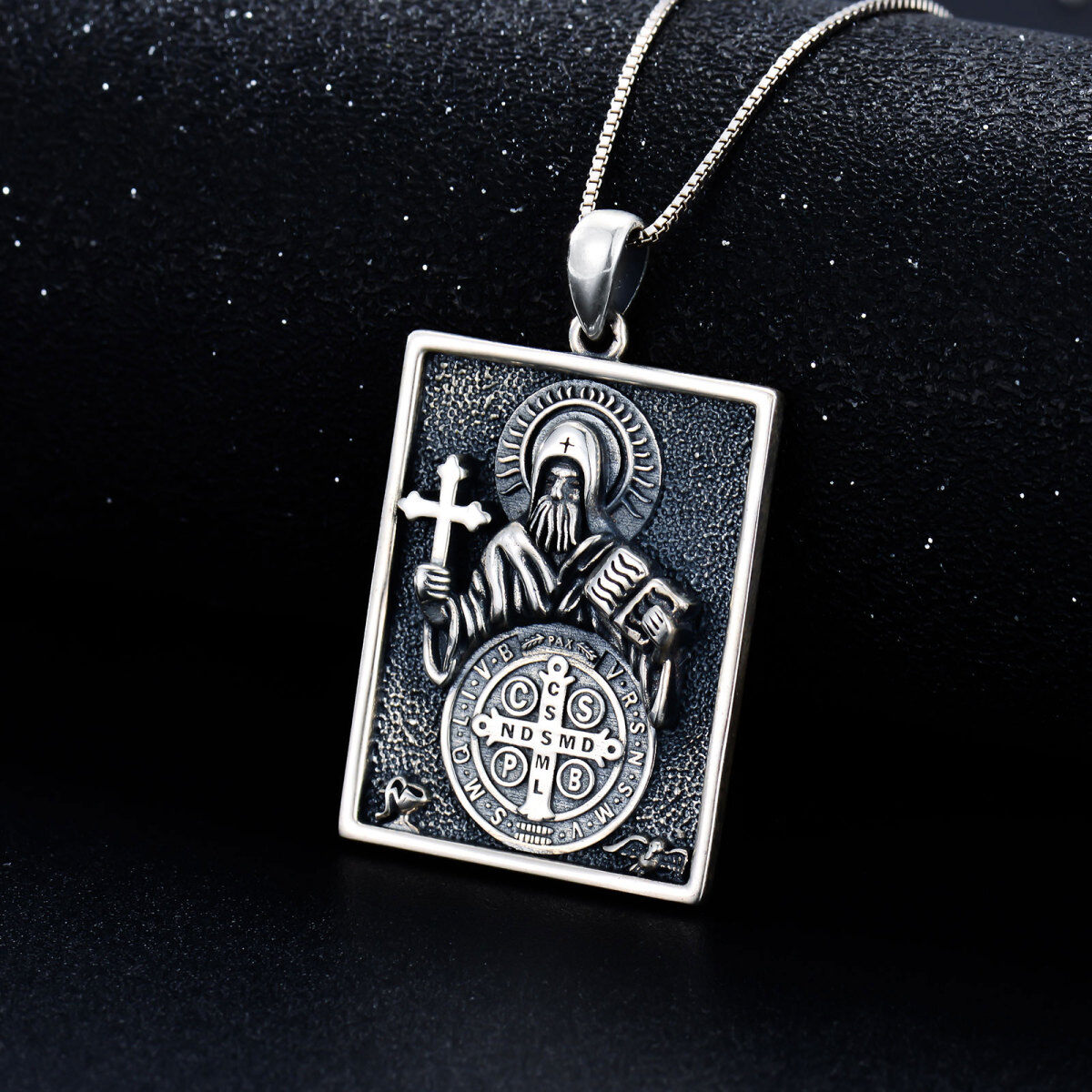 Sterling Silver St Benedict Medal Bar Necklace for Men-3