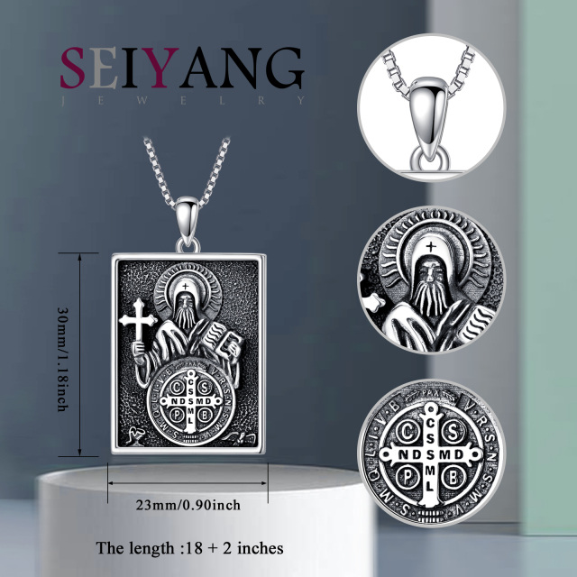 Sterling Silver St Benedict Medal Bar Necklace for Men-5