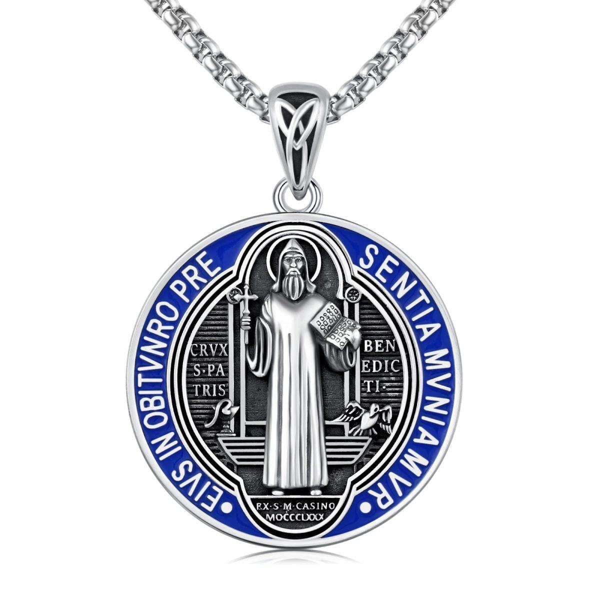 Collier avec pendentif médaille de Saint Benoît en argent sterling pour homme-1