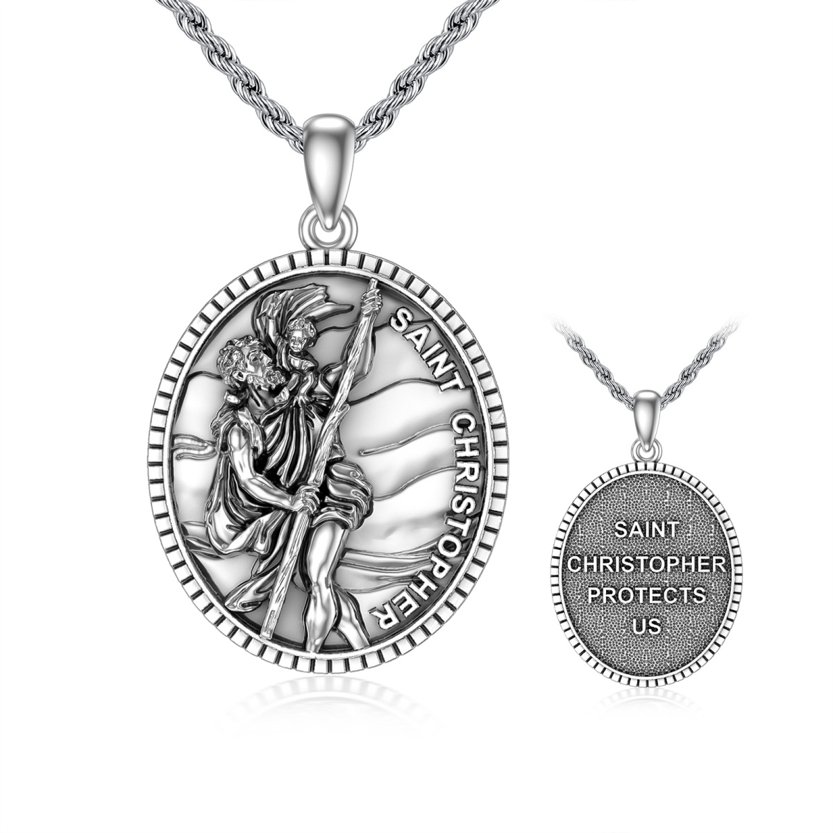 Collar colgante de plata de ley San Cristóbal Protect Us para hombre con cadena de cuerda-1