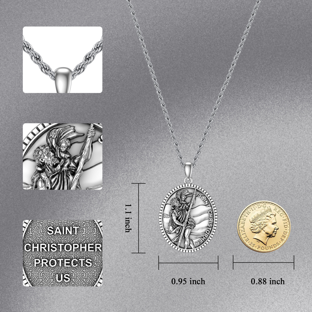 Collier en argent sterling avec pendentif St. Christopher Protect Us pour hommes avec chaîne en corde-5