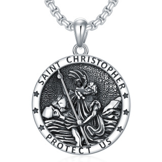 Sterling Silver St. Christopher Round Pendant Necklace with Engraved Word for Men-17