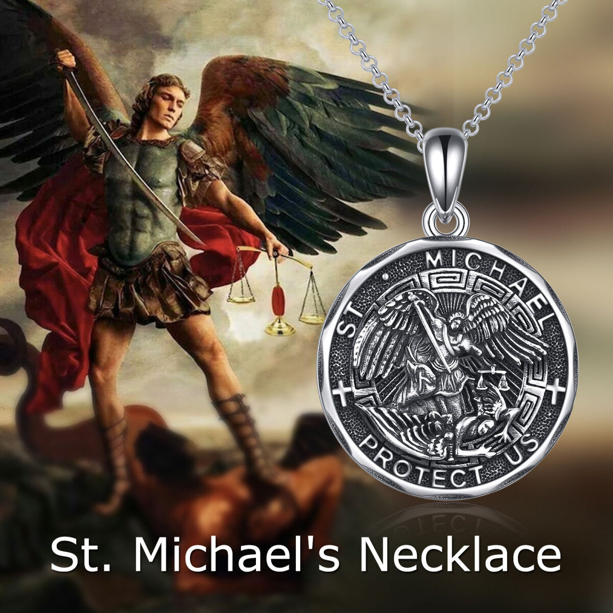 Sterling Silver St Michael Protect Us Pendant Necklace for Men-2